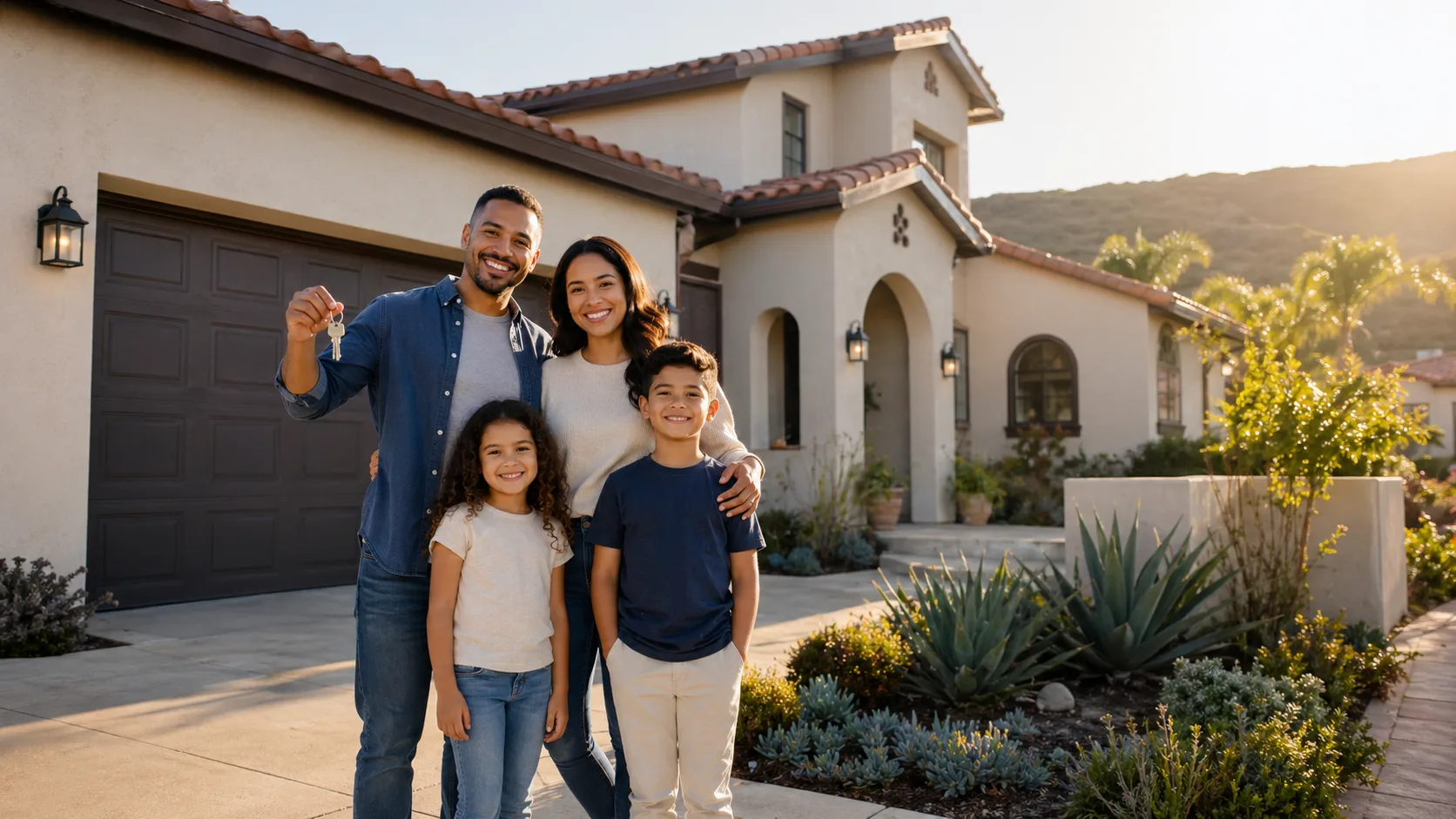 A family outside a Southern California home with foothills and drought-tolerant landscaping.