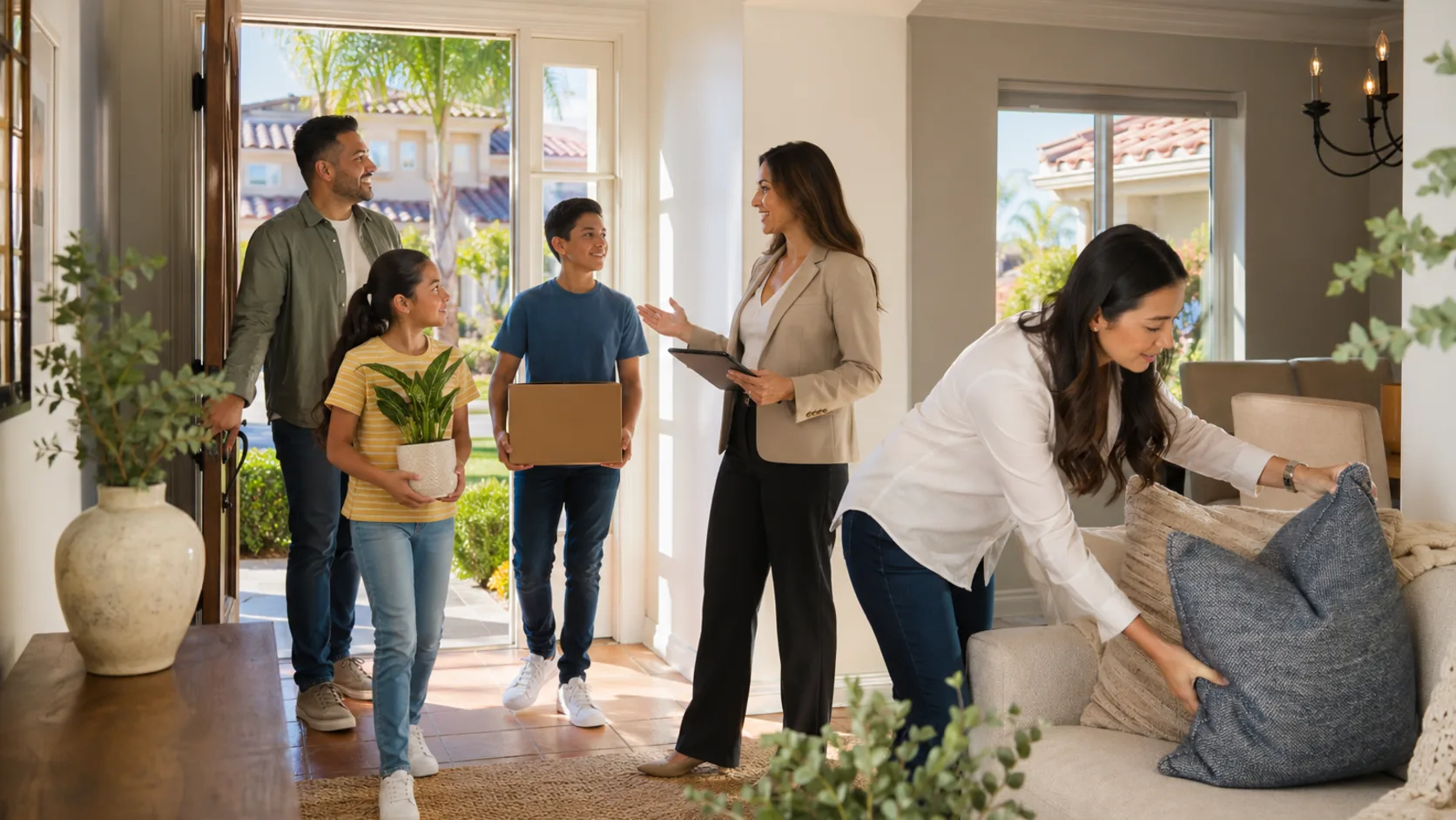 A family and real estate advisor preparing a Southern California home before listing photos.
