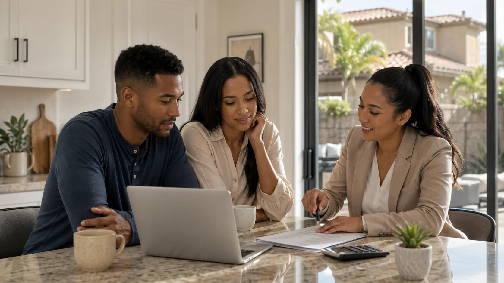 A diverse couple and advisor reviewing real estate and mortgage options in a Southern California kitchen.