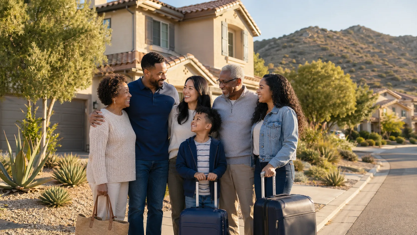 A multigenerational family in a Southern California neighborhood with foothills and travel bags.