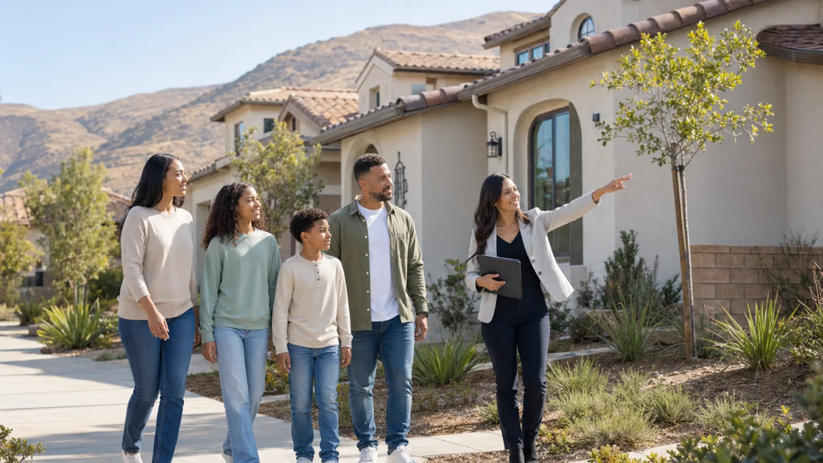 A diverse family touring a new Southern California community with tile-roof model homes.