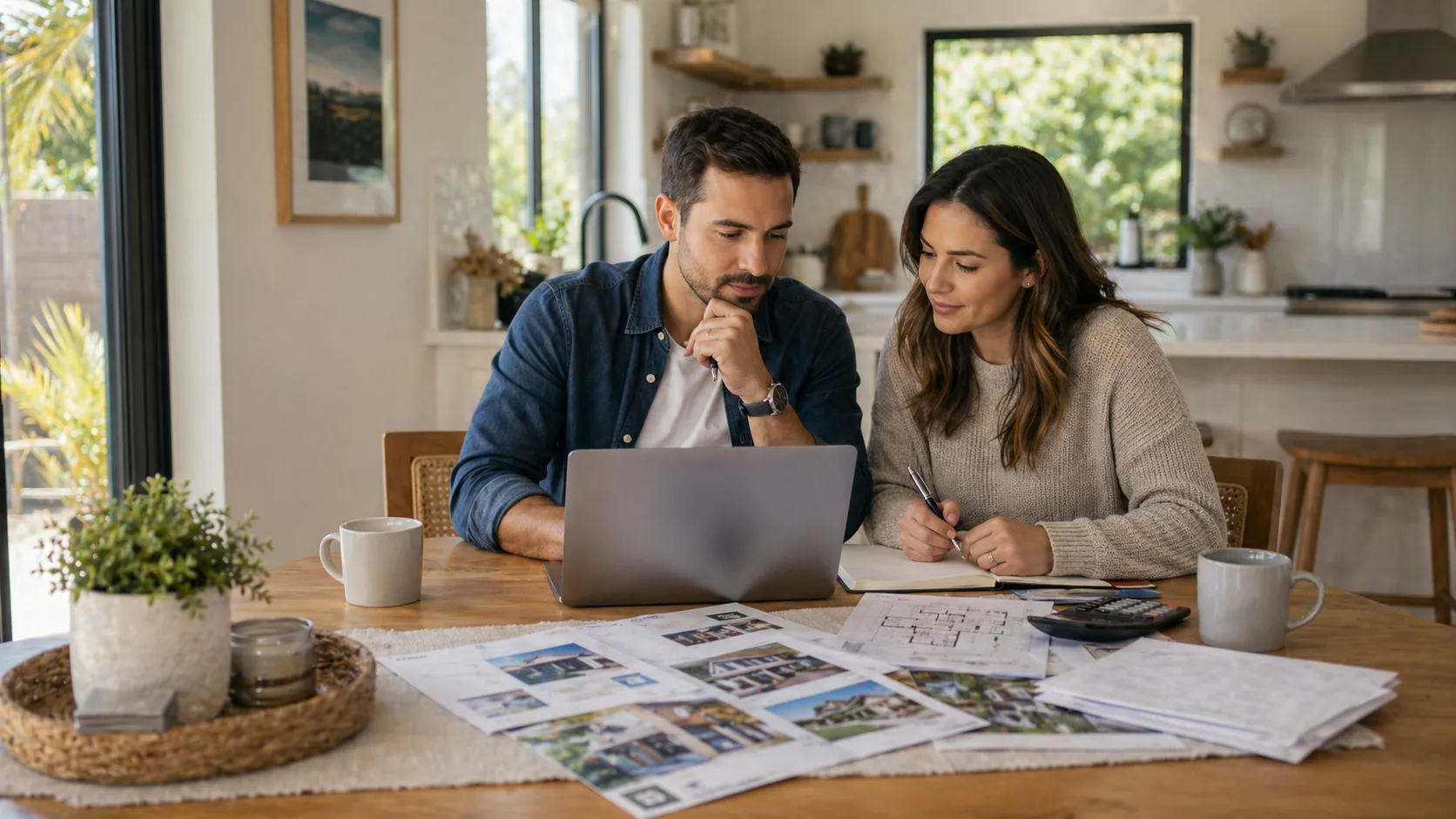 A couple reviewing home options and numbers together at a kitchen table.