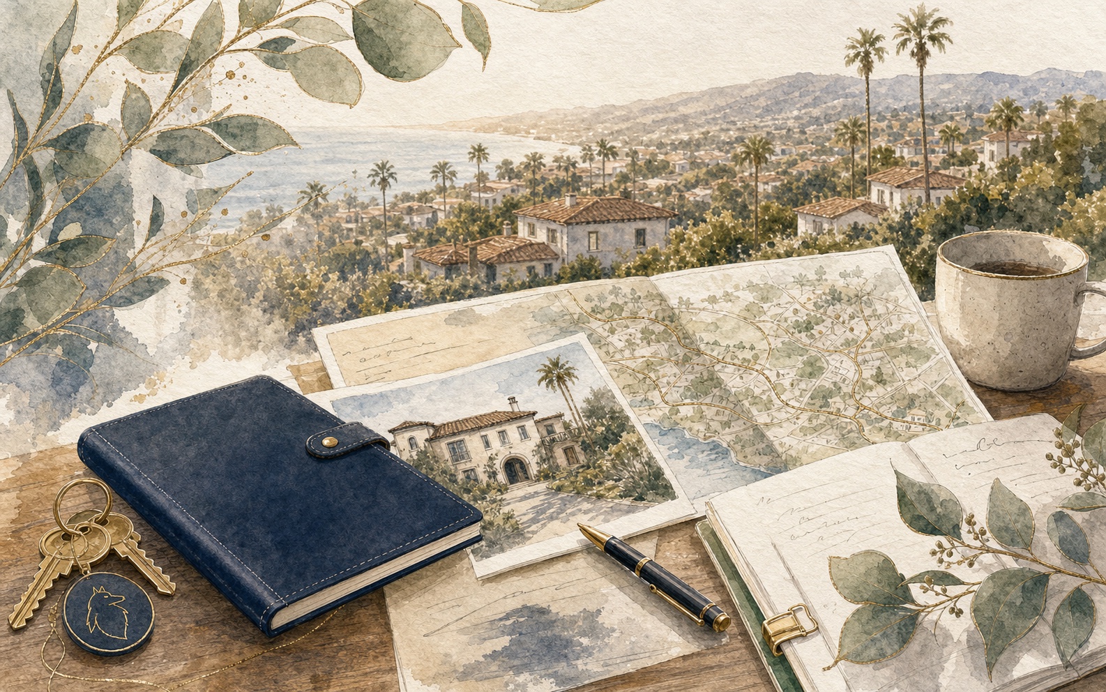 Editorial buyer strategy scene with home search notes, keys, and financing plan.