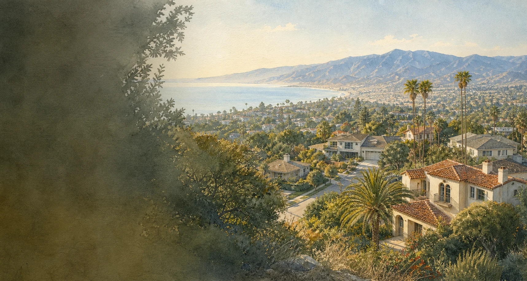 Watercolor panorama of Southern California homes, foothills, and coastal haze.