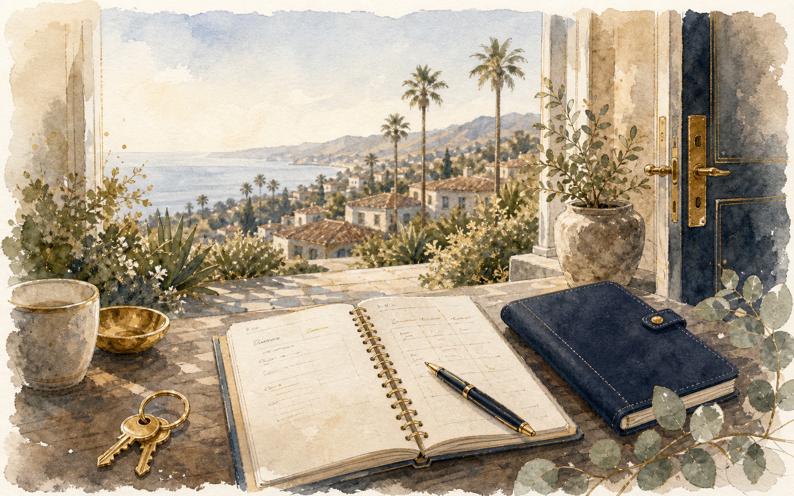 Warm editorial scene of a Southern California real estate plan with a home, map, keys, and notes.