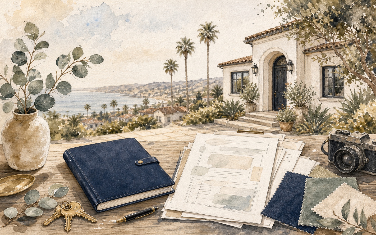 A seller-planning desk with listing notes, a disclosure packet, a camera, and a Southern California home.